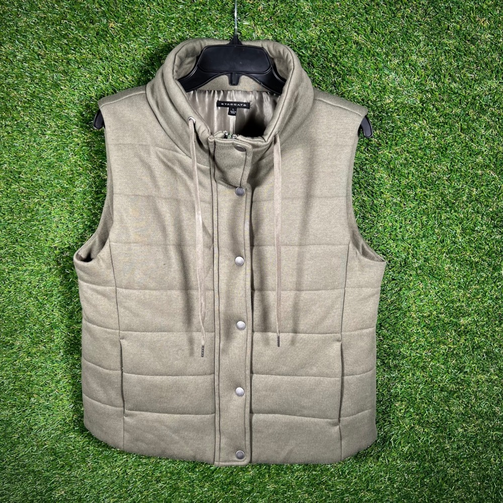 Staccato Womens Olive Green Quilted Puffer Vest Funnel Neck Size Large
